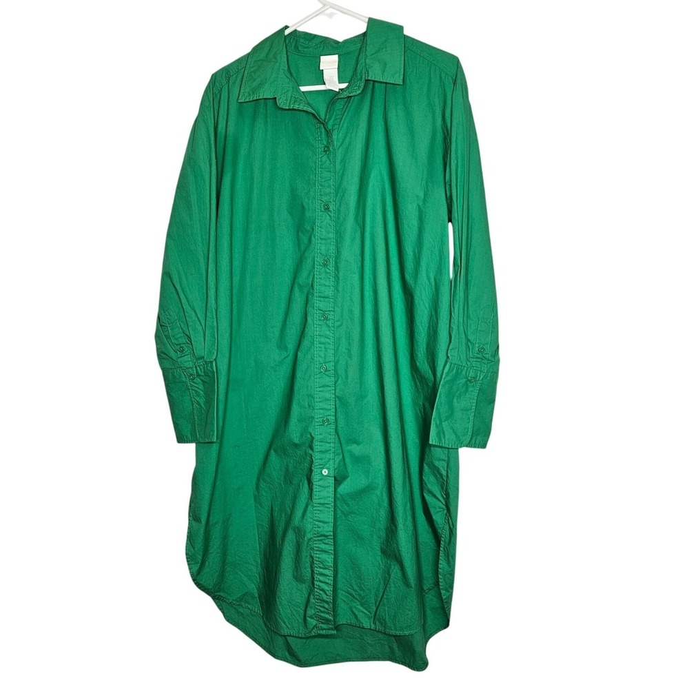 H&M Womens Green Button-Up Long Shirt Dress Medium Cotton Loose Fit‎  Collared